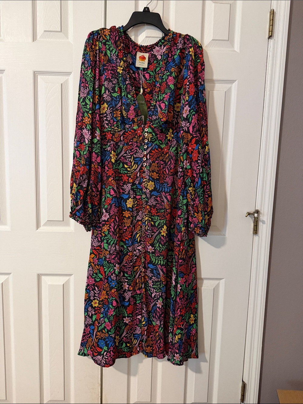 FARM Rio Multicolor Floral Puffy Long-Sleeve Midi Dress